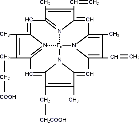 Figura 6. A fórmula estrutural do heme, o pigmento encontrado na hemoglobina, catalase e outras enzimas. (Átomos de carbono ocupam todos os lugares na estrutura onde linhas retas se encontram).